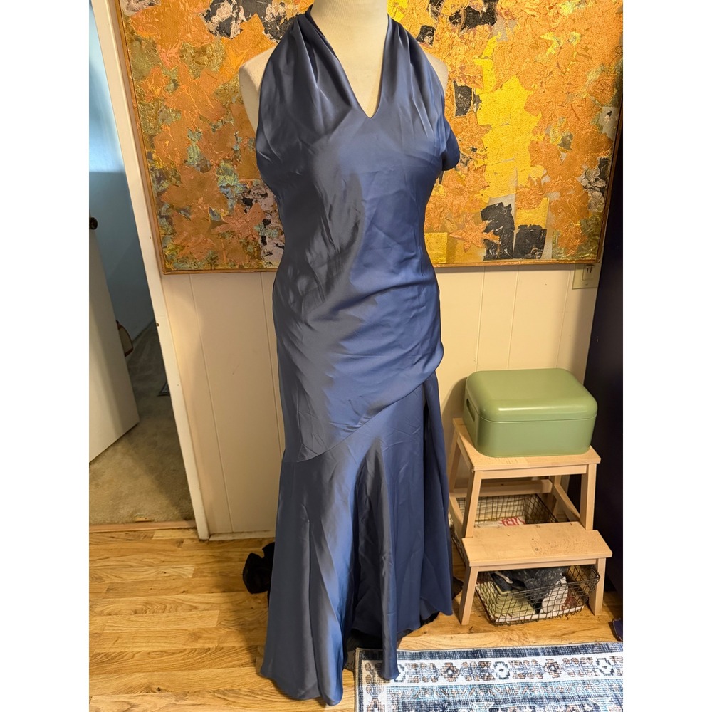 Birdy Grey Slate Blue Satin Halter Open Back Mermaid Maxi Dress Size Medium